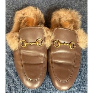 Gucci Brown  Leather Princetown Fur Slides Size 38/7.5 US